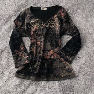 Vintage style 90s y2k rhinestone fairy grunge floral graphic top